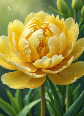 Beautiful yellow peony flower with dew in spring garden