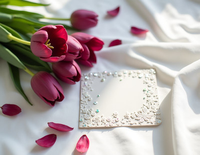 Bright purple tulips with decorative card on white fabric