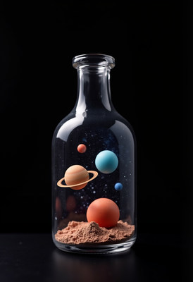 Floating planets in a glass bottle create a cosmic display