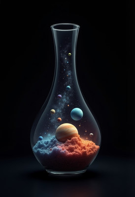 Cosmic landscape inside a glass vase with swirling colors