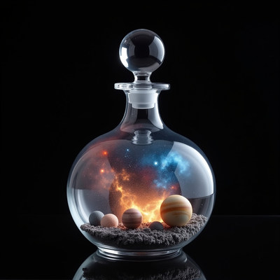 Crystal bottle with a miniature solar system inside