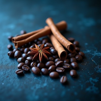 Coffee beans with cinnamon sticks and star anise displayed