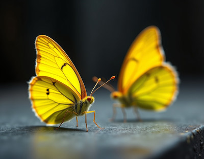 Beautiful yellow butterflies perched on a surface