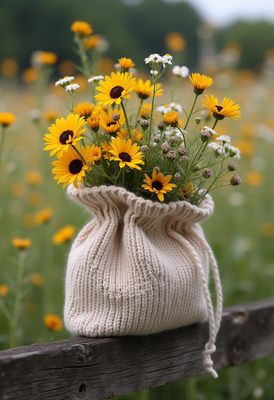 Colorful wildflowers in a knitted bag on a sunny day