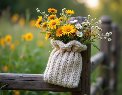 Beautiful flowers in a knitted bag on a wooden fence