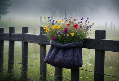 Flowers in a bag on a wooden fence in a misty field