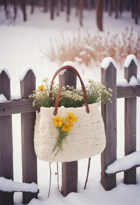 Winter bag with flowers hanging on a fence