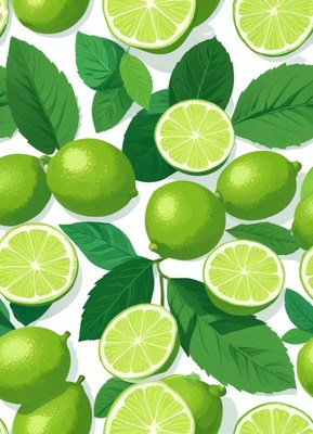 Fresh limes and leaves arranged in vibrant background