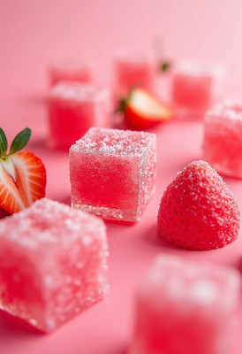 Colorful jelly candies on pink background with strawberries
