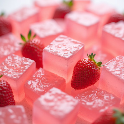 Pink gelatin cubes and fresh strawberries displayed