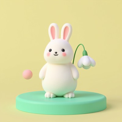 Cute bunny figure with flower and ball on green base