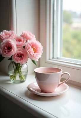 Pink cup beside pink roses on a windowsill