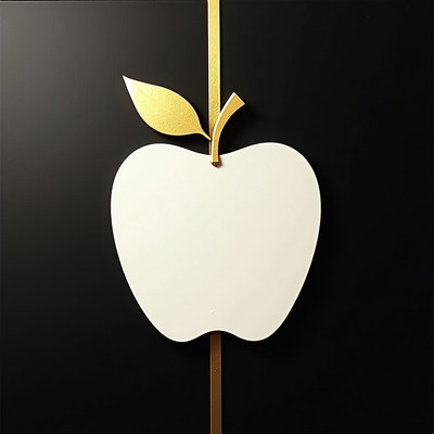 White apple design with golden accents on black background