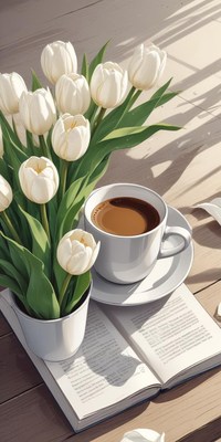 Cup of coffee and white tulips on an open book
