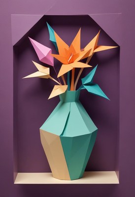 Crafting colorful paper flowers in a geometric vase display