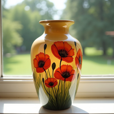 Decorative vase with poppy flowers in bright sunlight