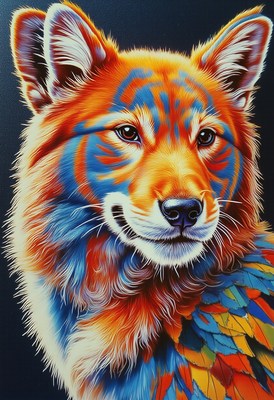 Colorful wolf with vibrant feathers in artwork