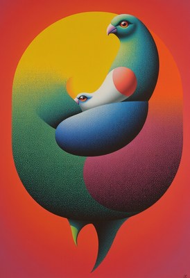 Colorful abstract painting of a bird and its chick