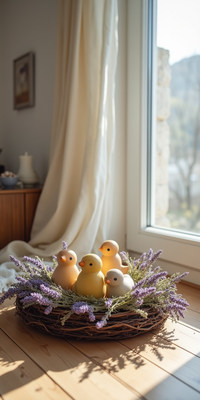 Decorative nest with yellow ducklings in sunlight
