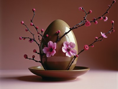 Decorative egg adorned with cherry blossoms on plate