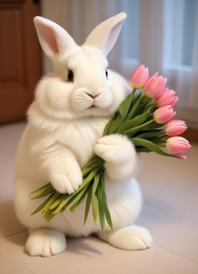 Rabbit holding pink tulips in a cozy indoor setting