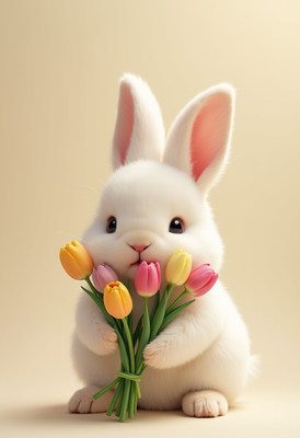 Cute bunny holding colorful tulips in soft setting