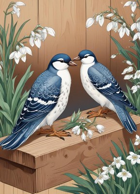 Two blue birds perched among white flowers in spring