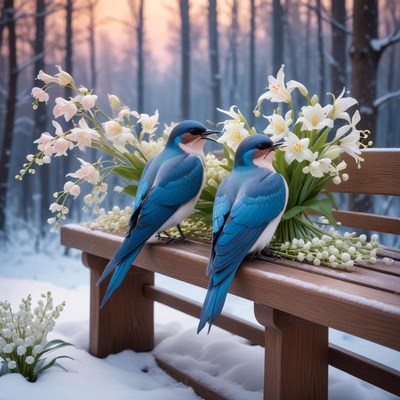 Colorful birds resting on a snowy bench in a forest