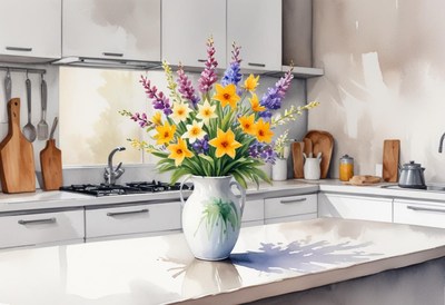Colorful flower arrangement brightening a modern kitchen