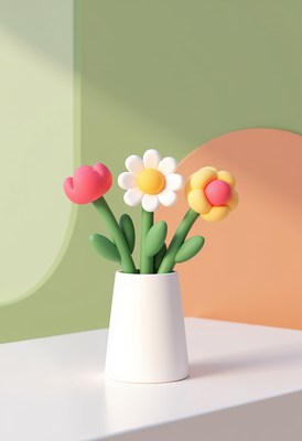 Colorful clay flowers in a simple white vase