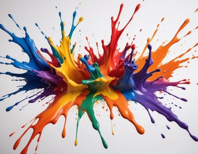 Colorful splashes of paint create dynamic art display