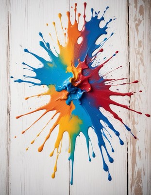 Colorful paint splash on wooden surface creates art
