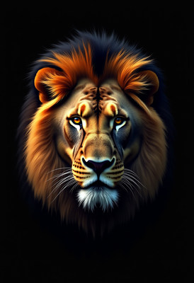 Vibrant lion head on black background
