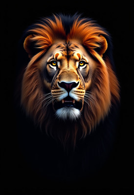 Stunning close-up of a fierce lion with flowing mane