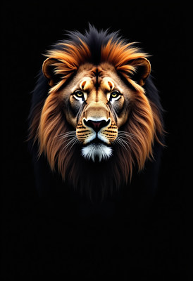 Lion with vibrant mane staring at viewer