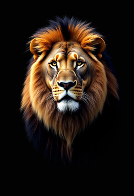 Majestic lion face against a dark background