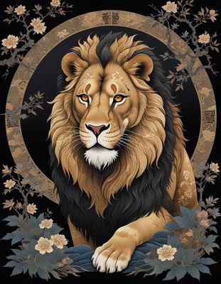 Powerful lion rests peacefully in detailed artwork
