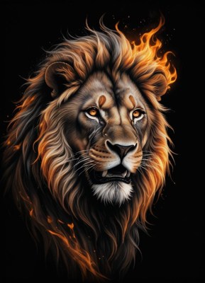 Majestic lion with fiery mane against dark background