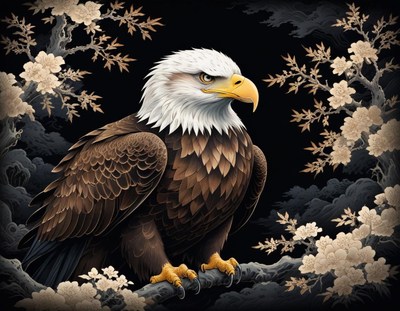 Majestic eagle perched among delicate blossoms at dusk