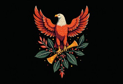Majestic eagle perched on vibrant foliage design