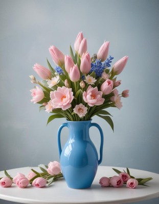 Beautiful spring bouquet in blue vase on table