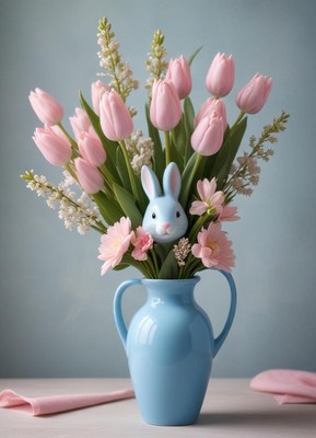 Decorative vase with bunny and pink flowers
