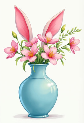 Decorative vase with flowers and whimsical bunny ears