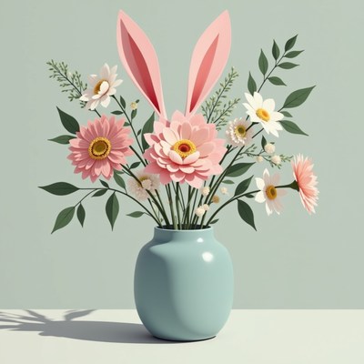 Colorful floral arrangement with bunny ears in a vase
