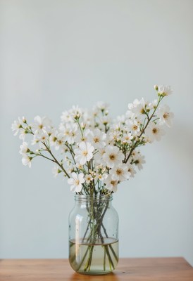 Fresh white flowers in a jar on wooden table