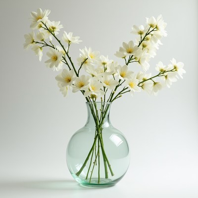 Fresh white flowers in a clear vase brighten the room