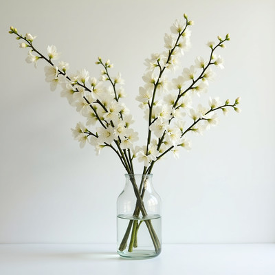 Elegant white flowers in a clear vase on a light surface
