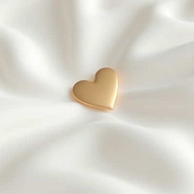 Golden heart resting on a white satin surface
