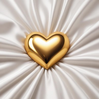 Heart shaped golden ornament on white satin fabric