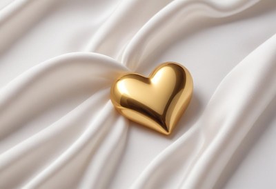Golden heart resting on soft fabric in serene setting